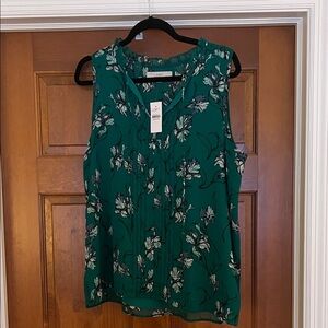 LOFT Teal Green Floral Pleated Sleeveless Top